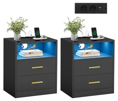 Produktbild von VASAGLE Nachttisch mit Ladestation, 2er Set, LED-Beleuchtung, Schubladen – Tintenschwarz