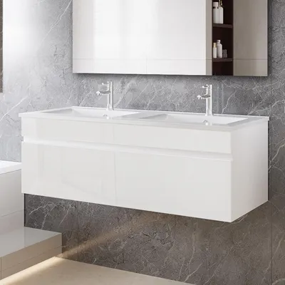 Produktbild von 120cm Dünn Keramik Waschtisch mit Unterschrank Badmöbel Set mit Türs Soft-close - Hochglanz Weiß