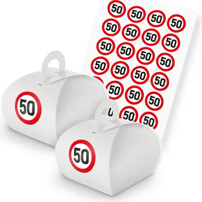 Produktbild von itenga SET Verkehrsschild 50 (106) 24x Geschenkschachtel Griff weiß + Sticker