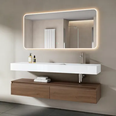 Produktbild von Mai & Mai Badmöbelset 150x48x25cm Unterschrank Eiche mit Soft-Close Schubladen inkl. Mineralguss-Waschbecken Rechts in matt Weiß und LED-Badspiegel