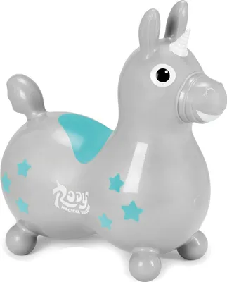 A silver-grey Rody Magical Unicorn toy with turquoise accents and star details, shown from a side angle on a white background.