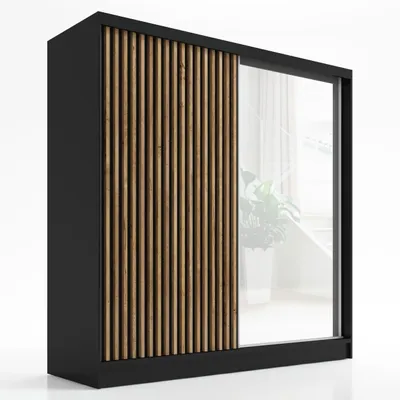 Produktbild von Schwebetürenschrank LINA 200 cm 2-türig Schrank mit Spiegel und 3D-Lamellen Premum. Schwarz