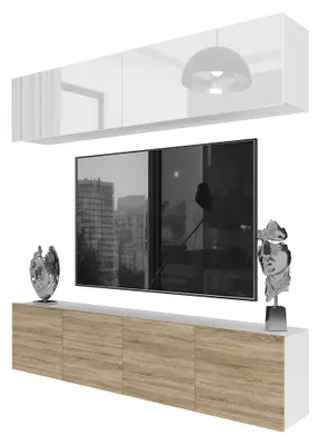 Obrázok produktu pre Sada nábytku BELINI MILANO 6 do obývacej izby, 200 cm – biela/dub Sonoma, moderná zostava nábytku, prístavná skriňa s TV, bezúchytkový systém