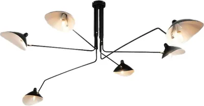 A black multi-arm chandelier with six lights, shown against a white background.