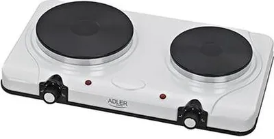 A white electric double hot plate with black burners.