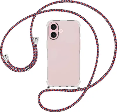 Produktbild von Handykette Backcover-Schutzhülle mit Band (Metall silberfarben) für iPhone 16 - silber/blau/rot
