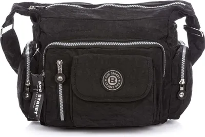 Produktbild von Bag Street Damenhandtasche Umhängetasche leicht aus Crinkle-Material Nylon mit vielen Fächern verstellbarer Schultergurt 34x24x17 cm Schwarz