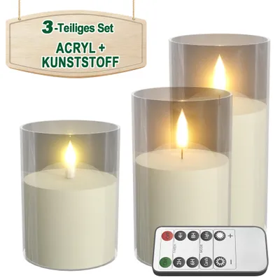 Productafbeelding van LILIIN, set van 3 LED-kaarsen, zonder vlam, met acryl 3D-kaarsvlam, op batterijen, met afstandsbediening, timerfunctie, transparant