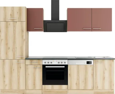 Produktbild von Optifit Küchenzeile mit Geräten Bari407/Livorno290 270 cm rostrot wildeiche matt strukturiert zerlegt Variante reversibel KPBL 2702-9+