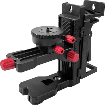 A black and red laser level bracket is shown against a white background.