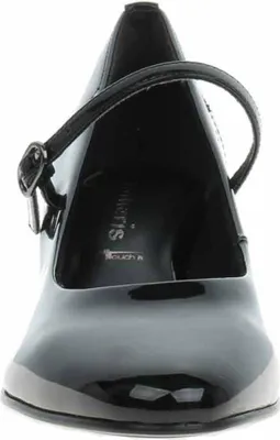 A close-up, front-facing view of a black patent leather Mary Jane pump with a buckle strap.