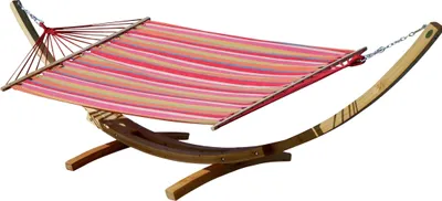 Produktbild von ALEOS. AS-S 410cm XXL Hängemattengestell NATUR-ALICIA Hängematte mit Gestell aus Holz Lärche natur mit Stabhängematte bunt gestreift