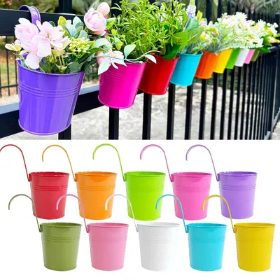 Produktbild von 10er Set Hängetöpfe Kräuter Metall Blumentopf Hängetopf Pflanztopf Balkon Topf Hänger, Blumentöpfe zum Aufhängen mit Drainageloch für Garten, Balkon