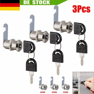 Three cabinet locks with keys are displayed against a white background, with additional size indicators and a small inset image showing a hand using a lock.