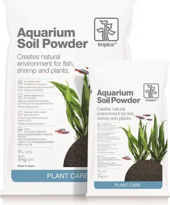 Two bags of Tropica Aquarium Soil Powder are shown, one larger and one smaller, with illustrations of aquatic plants and fish.