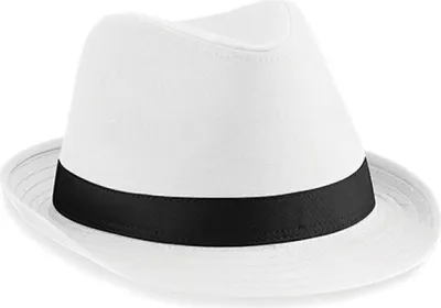 A white fedora hat with a black band, shown against a white background.
