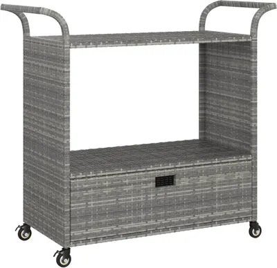 A grey rattan bar cart with a drawer and two shelves, shown against a white background.