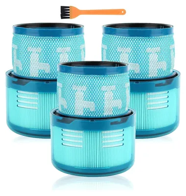 A set of three vacuum cleaner filters and a small cleaning brush.