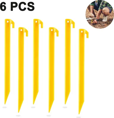 Obrázek produktu pro Plastové kolíky do stanu, 6 kusů, délka 22,5 cm, žluté, na pláž, kempování, zahradu, trávník