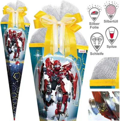 Produktbild von Roth Schultüte 85 cm Jungen Exklusiv Set, Motiv / Ausführung:Robot Schleife Folie Spitze