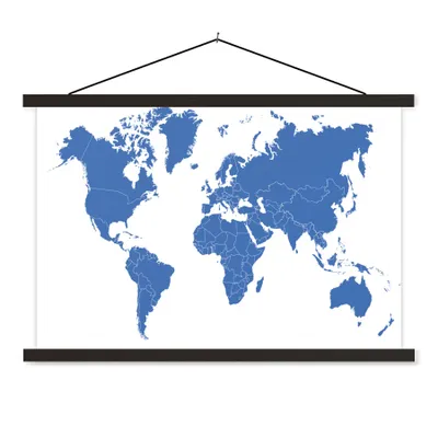 Produktbild von MuchoWow® Textilposter Weltkarte - Blau - Minimalismus 90x60 cm mit schwarzem Rahmen - Aufhängungssatz