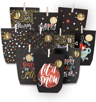 Immagine prodotto di Calendario dell'Avvento da riempire - 24 sacchetti di carta per l'Avvento, ideali per creare decorazioni natalizie - Sacchetti di carta natalizi con numeri adesivi (neri e colorati)