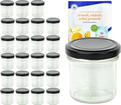 A set of 24 glass jars with black lids, alongside a recipe booklet.