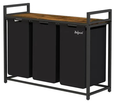 Immagine prodotto di Cesto portabiancheria con 3 scomparti - Cesta con ripiano - 92,5 x 33 x 72 cm - Nero - Per bagno e camera da letto
