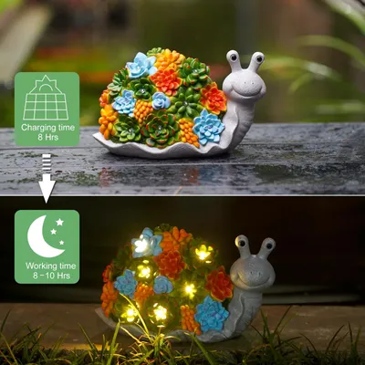 Immagine prodotto di Decorazione da giardino a forma di lumaca con luci solari, resistente alle intemperie, con piante succulente, adatta per l'esterno