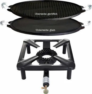 Produktbild von Hockerkocher-Set (klein) mit Gussgrillplatte light Ø 38 cm - ohne Zündsicherung-ohne Gaskartuschen