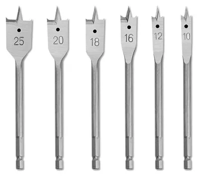 Produktbild von Flachfräsbohrer Set 6tlg. 10-25mm, 1/4" Sechskantschaft, Holzbohrer für Weich- und Hartholz, Rolltasche