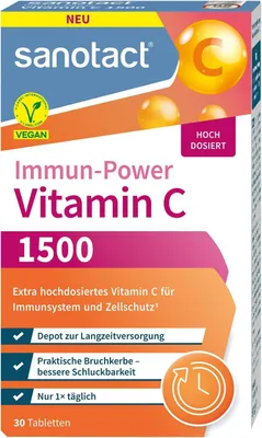 Produktbild von sanotact® Vitamin C 1500 – hochdosiert & vegan – 30 Tabletten Depot – Vitamin C hochdosiert für Immunsystem, Zellschutz & Energie