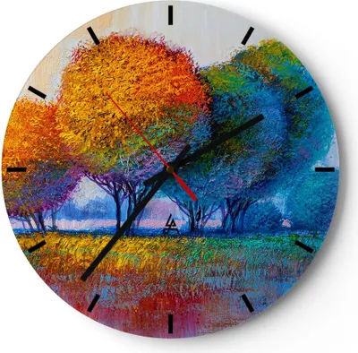 Produktbild von Wanduhr - Rund - Glasuhr - Bäume Wiese Sommer - 40x40cm - Schleichendes Uhrwerk - Lautlos - zum Aufhängen bereit - Dekoration Modern - Wanddekoration aus Glas - C3AR40x40-4094