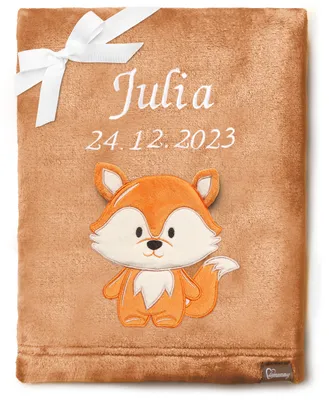 Produktbild von Be Mammy Babydecke mit 3D Applikation bestickt mit Name und Geburtsdatum 76 x 102 cm BE20-280 (Braun – Fuchs, 76 x 102 cm)