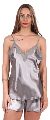 Produktbild von Damen Satin Nachtwäsche Pyjama Set Shorty mit Spitze; Taupe/XL