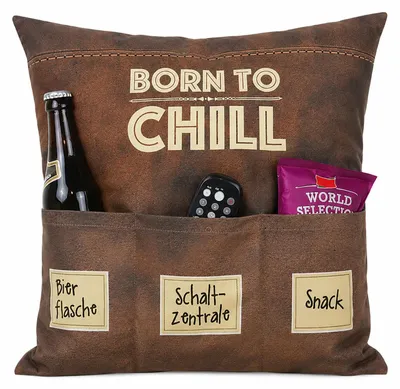 Produktbild von KAMACA Originelles Dekokissen Kissen mit 3 Taschen zum selber Befüllen Größe 43x43 cm tolles Geschenk für EIN gelungenen Sofaabend Filmabend (Born to chill)