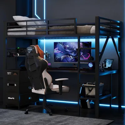 Produktbild von Merax Etagenbett Metall Hochbett 90x200 cm, mit Schreibtisch, Schubladen, Regal & LED Beleuchtung, Gaming Bett Kinderbett mit Treppe, Schwarz