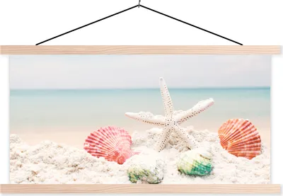 Produktbild von MuchoWow® Textilposter Meer - Seesterne - Muscheln 120x60 cm mit holzfarbenen Rahmen - Klemmleiste
