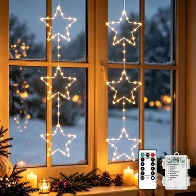 2er-Pack Fenstersterne, 126 LEDs, 8 Modi, Timer, Fernbedienung