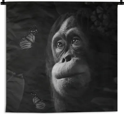 Produktbild von MuchoWow® Wandteppich Wandbehang Schmetterling - Affe - Dschungel - Schwarz - Weiß 150x150 cm Tapisserie Dekoration Wandtuch - Wohnaccessoires - Modernes