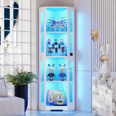 Image de Vitrine d'angle avec éclairage LED, 4 étagères, détecteur de présence, couleur blanche, dimensions : 56 x 165 x 36,6 cm