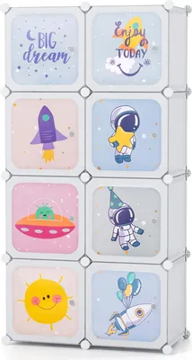 Immagine prodotto di COSTWAY Armadio per bambini, scaffale in plastica con 8 cubi, scaffale per bambini con ante e 2 appendini, scaffale per armadio, bianco
