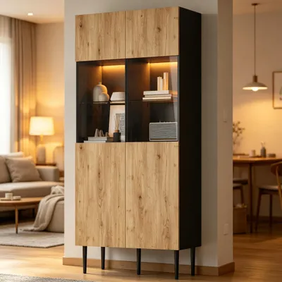 Image de Armoire haute Merax avec éclairage LED, vitrine multifonctionnelle à portes vitrées, meuble de rangement à 10 compartiments, noir + bois naturel