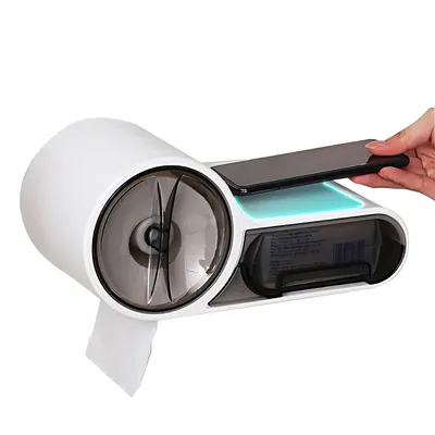 Produktbild von wasserfester toilettenpapierhalter, bohrfrei, multifunktional und platzsparend, ideal zur aufbewahrung von rollenpapier im badezimmer.