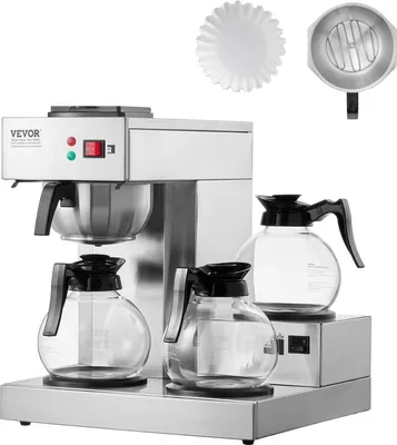 A commercial coffee maker with multiple carafes and filters, presented on a white background.