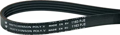 A black poly v-belt with white text and logos printed on it, shown in a curved shape against a white background.