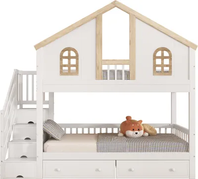 Produktbild von Etagenbett 90x200cm Ohne Matratze Kinderbett Mit Fallschutzgitter Schreibtisch Mit 3 Schubladen 4-Stufen-Leiterschrank Offenes Regal Weiss+Natur
