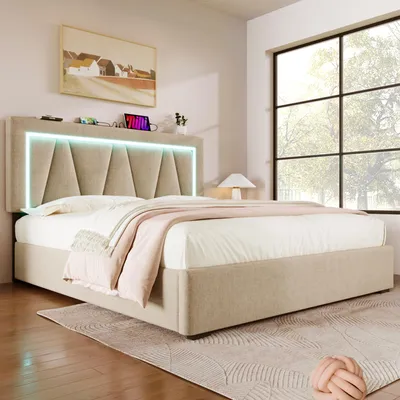 Image de OKWISH Lit Coffre Capitonné Double 140x200 avec LED et Ports USB Type-C, Matelas Inclus, Coffre Pratique - Tissu Beige