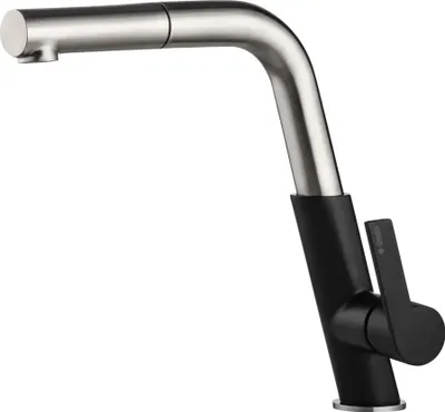 Zdjęcie produktu dla Bateria kuchenna Silia stal-czarny z prostokątną wylewką, wyciąganą słuchawką 233mm, BQS_B730, jednouchwytowa, cicha 30 dB