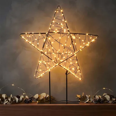 Produktbild von LED Metall Stern schwarz auf Fuß mit Twinkle Effekt für Innen - 50 x 35 cm - Leuchtstern mit 350 funkelnden LEDs in warm weiß